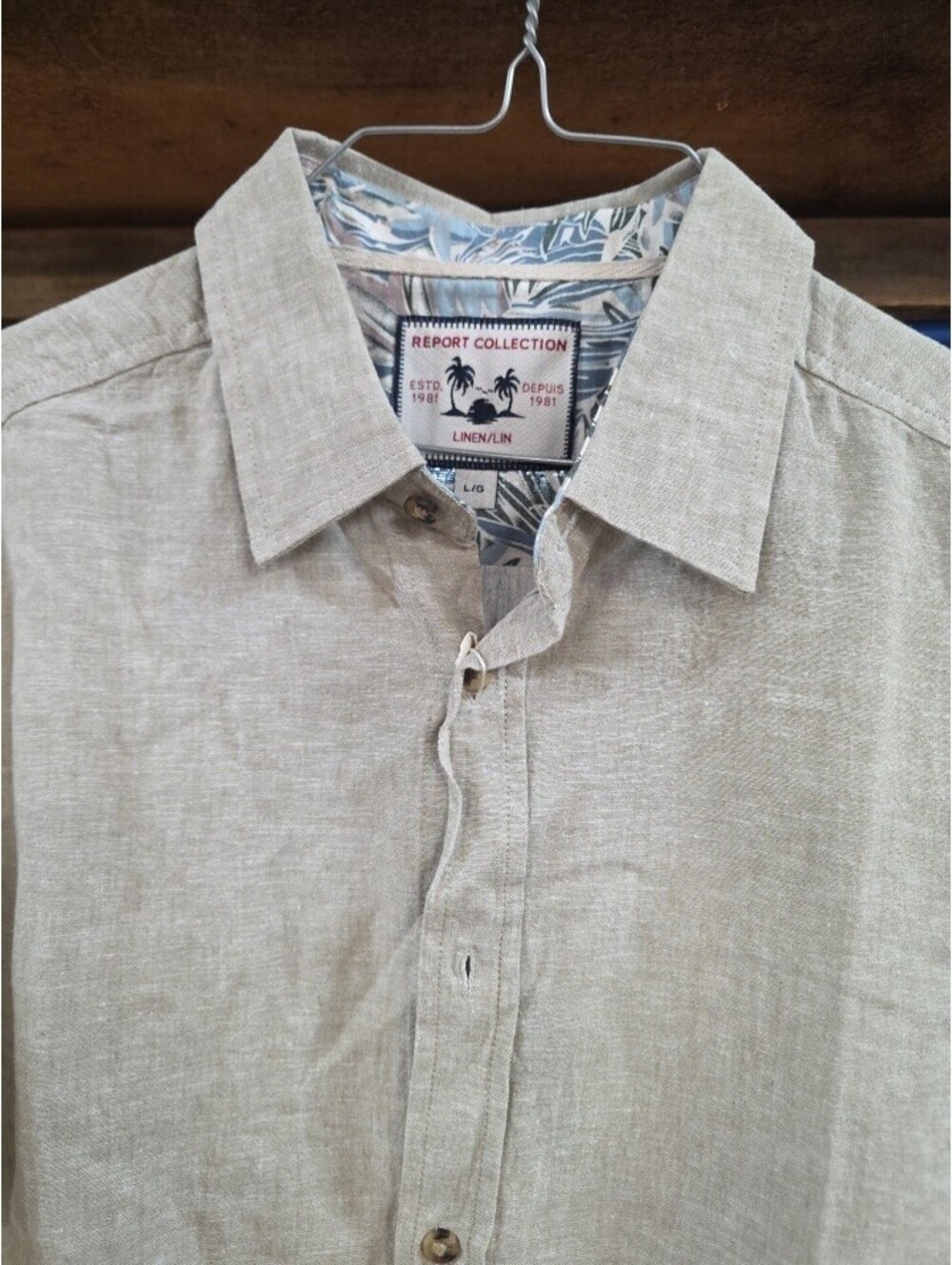Report Collection Summer Linen Blend Beige Button Down M Beachy Coastal Washable